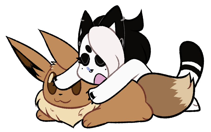Art of my fursona laying on top of a huge Eevee stuffed animal